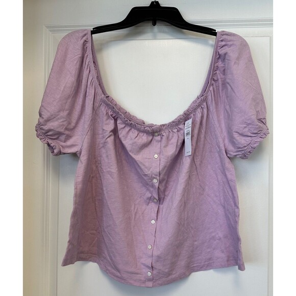 AE AMERICAN EAGLE Top Womens Large Cropped Lavender Puff Sleeve Button Front - Picture 1 of 5